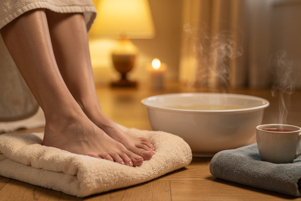 Pieds reposant sur une serviette près d'une bassine d'eau chaude fumante, ambiance rituel du soir