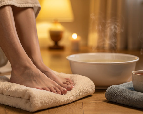 Pieds reposant sur une serviette près d'une bassine d'eau chaude fumante, ambiance rituel du soir