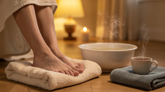 Pieds reposant sur une serviette près d'une bassine d'eau chaude fumante, ambiance rituel du soir