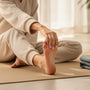 Personne assise sur un tapis de yoga étirant les orteils de son pied nu avec les doigts