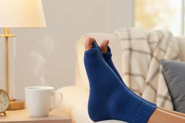Personne détendue sur un canapé, chaussettes séparateurs d'orteils bleu royal, réveil et tisane à côté