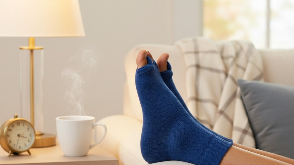 Personne détendue sur un canapé, chaussettes séparateurs d'orteils bleu royal, réveil et tisane à côté
