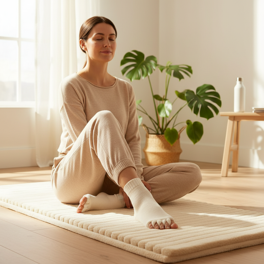 Femme détendue après le yoga portant les chaussettes Pedi-Sense