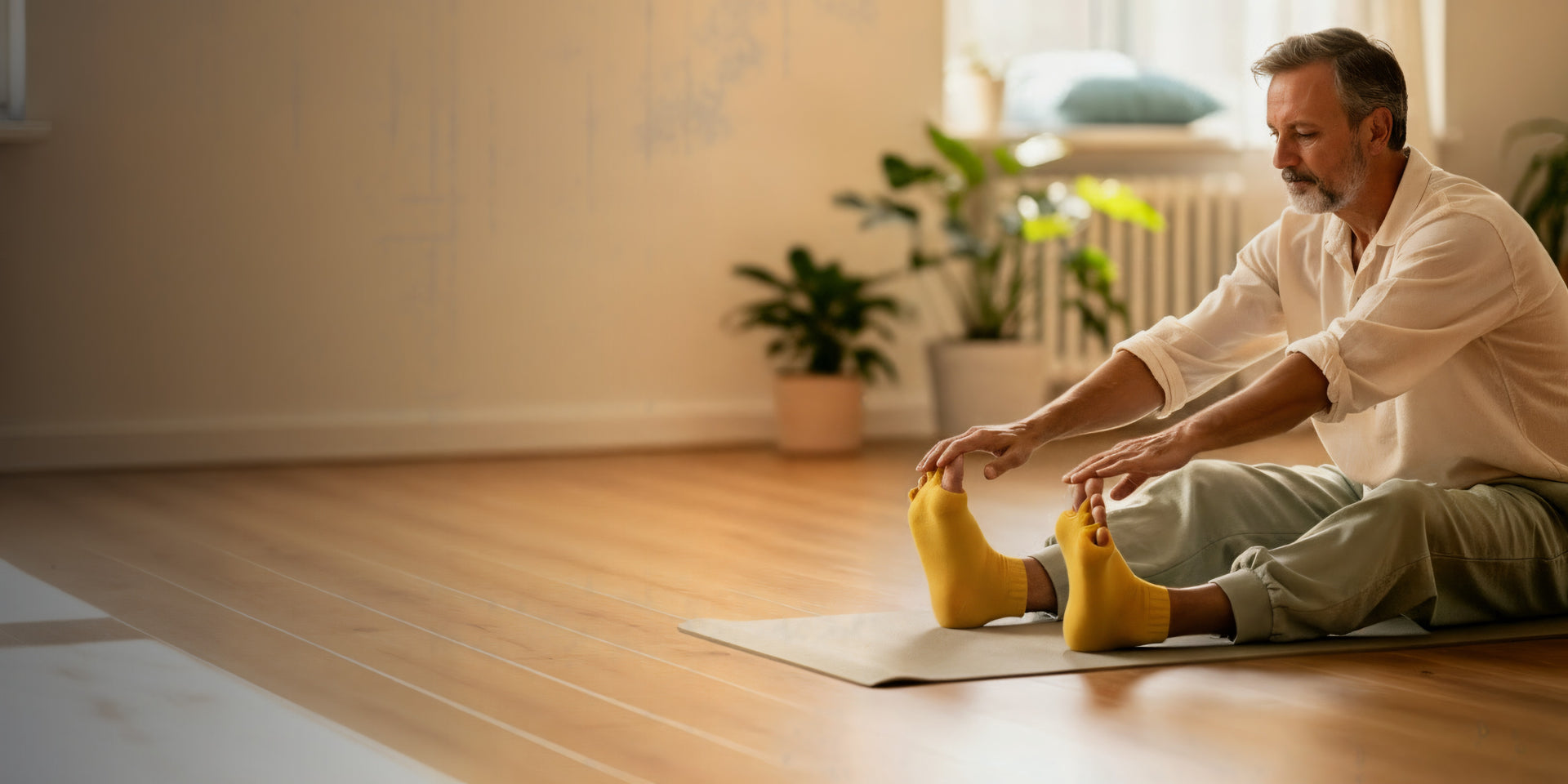 Homme yoga chaussettes alignement jaunes separateurs
